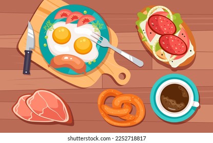 Healthy morning breakfast nutrition ingredients manu top view concept. Vector cartoon graphic design element illustration