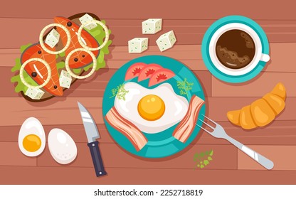 Healthy morning breakfast nutrition ingredients manu top view concept. Vector cartoon graphic design element illustration