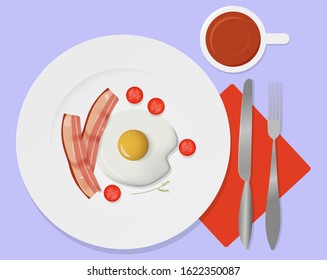 A Healthy morning breakfast. Omelette. Appetizing fried eggs with fried bacon, cherry tomatoes and herbs. Fragrant tea. White dishes and silver cutlery, a knife with a fork. Vector. View from above.