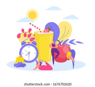 Healthy morning concept with men and women warming up, holding yoga asanas, morning exercises, huge alarm clock, apple and fruity drink vector illustration. Activity and health concept.