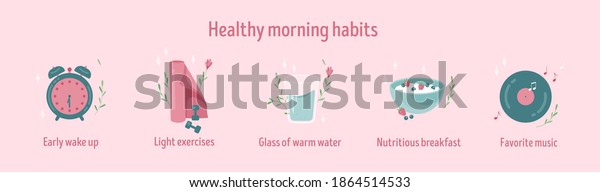 Healthy morning habits icon collection. Daily\
routine. Tracker stickers. Early wake up, light exercises,\
nutritious breakfast and favorite music. Isolated vector\
illustration. Banner vector\
template