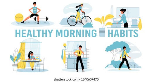 Healthy morning habits for kid motivation poster. Boy girl child exercising doing workout, walking cycling in park, brushing teeth, eating organic food everyday. Health body care for children