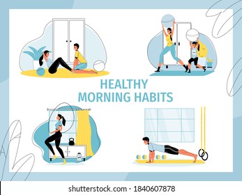 Healthy morning habits set. People enjoy active lifestyle. Mother daughter, man, woman, young couple together training do aerobics exercise, pump muscle, jump rope at home indoors. Daily routine