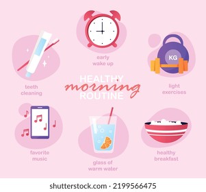 Colección de iconos de la mañana saludable. Infografía, emoticones de medios sociales. Empieza bien a entrar en vigencia el día. Rituales, bienestar, nutrición. Ilustraciones del vector plano de dibujos animados aisladas en fondo rosa