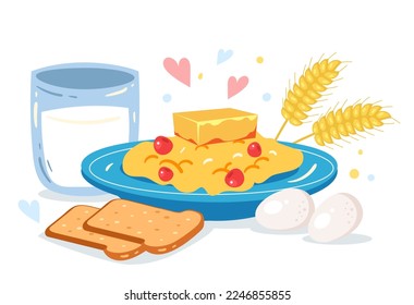 Healthy morning milk porridge breakfast nutrition meal concept. Vector graphic design illustration