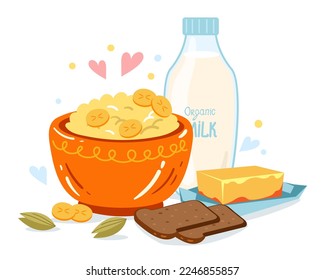 Healthy morning milk porridge breakfast nutrition meal concept. Vector graphic design illustration