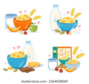 Healthy morning milk porridge breakfast nutrition meal concept set. Vector graphic design illustration