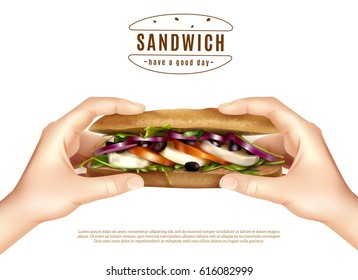 Healthy multi grain sandwich with mozzarella lettuce tomato onion in hands realistic advertisement white background poster vector illustration 
