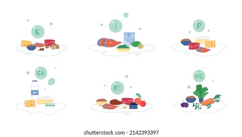 Healthy natural food enriched with mineral elements and vitamins icons set, flat vector illustration isolated on white background. Nutrients and minerals of food.
