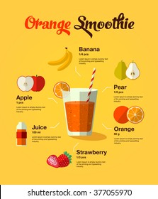 Healthy natural food fruit smoothie in glass on yellow background. Infographic modern premium quality illustration of fruits and juice ingredients. 