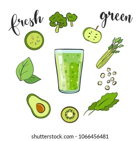 Healthy natural food. green smoothie in glass isolated on white background. Infographic modern premium quality set of fruits, vegetables and bio ingredients. Vector illustration with hand lettering