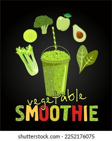 Healthy natural food green smoothie in glass. Modern quality illustration of vegetables ingredients. Detox smoothie. Smoothies and Vegetables of which it is made. For menu for healthy eating.