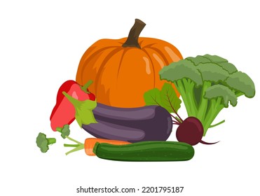 Healthy natural food. Organic vegetables composition. Vegetarian eating. Pepper, pumpkin, eggplant, broccoli and beetroot, zuccini. Vector illustration isolated on white