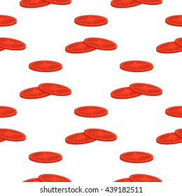 Healthy natural food tomatoes slices seamless pattern vector. Red organic ingredient tomato slices seamless pattern diet natural vitamin health food. Vegetarian fresh ripe tomato slices pattern.