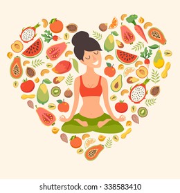 Healthy natural organic food. Beautiful girl in the lotus position on the fruit pattern background. The design concept of healthy food, vegetarian, yoga. Vectot illustration