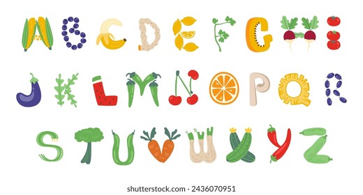 Healthy natural organic fresh eco vegetables and fruits font typographic letters alphabet vector illustration. Vitamin ingredient English abc collection. Language learning, kids education concept