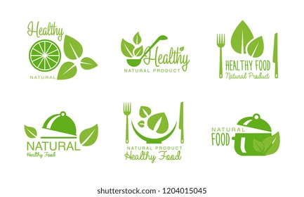 Healthy natural product logos set, green labels, badges for eco, organic, vegan, raw, healthy food vector Illustration on a white background