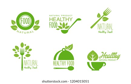 Healthy natural product logos set, green labels for eco, organic, vegan, raw, healthy food vector Illustration on a white background