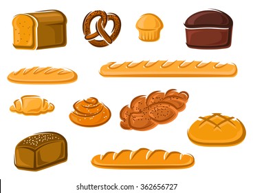 Healthy natural whole grain, wheat and rye loaves of bread, french baguette and croissant, sweet cake, cinnamon and plaited buns, bavarian pretzel. Bakery and pastry products