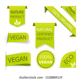 Healthy nature organic vegan emblem. Fresh nutrition tag, logo. Labels ecology food. Set certified product of bio, eco. Design eco sticker.Healthy badges for vegetarian diet nutrition. vector icon set