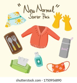 Healthy new normal starter set pack from virus corona, summer bucket hat, glove, sweater, stainless steel of straws, forks, spoon, bottle, flower mask, hand sanitizer and  tissue vector illustrations