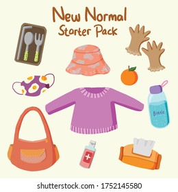 Healthy new normal starter set pack collection 2 from virus corona, summer bucket hat, glove, sweater, orange, straws, forks, spoon, bottle, egg mask, hand sanitizer, sling bag and  tissue vector 