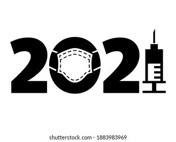 Healthy New Year 2021 inscription with medical mask and syringe