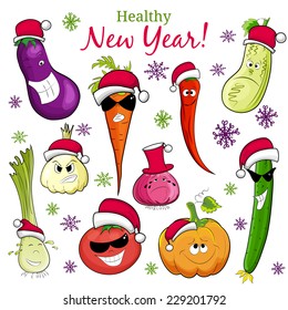 Healthy New Year illustration. funny vegetables set.
