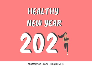 Healthy new year message. Holiday card with text and running woman. Healthy lifestyle concept.