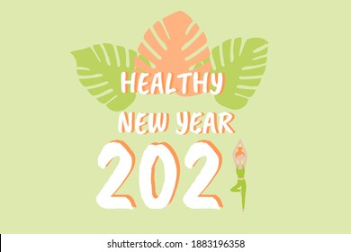 Healthy new year message. New year message text with woman doing yoga. Healthy new year concept.