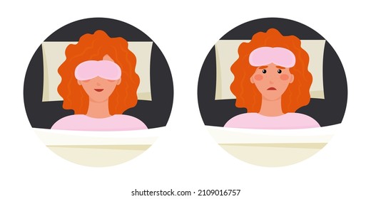 healthy night sleep and insomnia. Woman in bed. Sleeping in a sleep mask. person cannot sleep. 2 opposite concepts. Before and after taking vitamins for sleep. mental health. Vector illustration, flat