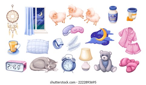 Healthy night sleep, sweet dreams set vector illustration. Cartoon isolated collection for sleeping in bed and resting lazy time, reminder clock and pillow, pills for insomnia, sheep and masks