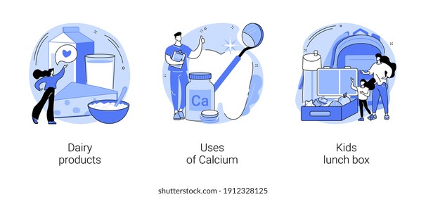 Healthy nutrition abstract concept vector illustration set. Dairy products, uses of calcium, kids lunch box, healthy snack, food processing, strong bones and teeth, parent care abstract metaphor.