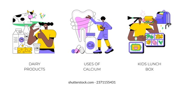 Healthy nutrition abstract concept vector illustration set. Dairy products, uses of calcium, kids lunch box, healthy snack, food processing, strong bones and teeth, parent care abstract metaphor.