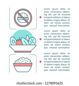 Healthy nutrition article page vector template. Diet, eaing. Brochure, magazine, booklet design with text boxes. Stop unhealthy food. Print design. Meal preparation. Concept illustrations