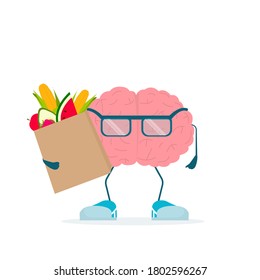 Healthy Nutrition Benefits. Brain Character Holding Grocery Shopping Bag With Vegetables Standing On White Background. Vector Illustration, Square