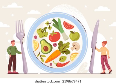 Healthy nutrition concept. Plate with fresh raw vegetables and fruits. Delicious and healthy diet with vitamins and minerals. Products or ingredients for meals. Cartoon flat vector illustration