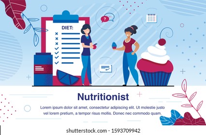 Healthy Nutrition And Diet Planning Service Trendy Flat Vector Banner, Poster. Female Nutritionist Helping Obese Woman To Plan Weight Loss Diet, Counseling About Healthy Nutrition Rules Illustration