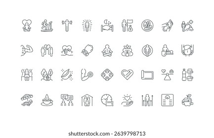 Healthy nutrition and diet for weight control, yoga, spa massage thin black symbols vector illustration. Wellbeing, personal mental and physical health care, peace and meditation line icon set.