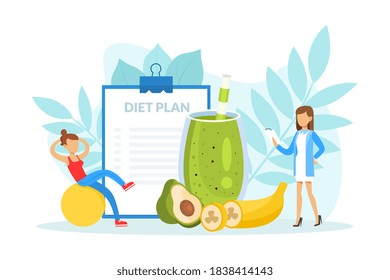 Healthy Nutrition and Dieting, Female Nutritionist Doctor Holding Clipboard with Diet Plan, Weight Loss, Nutrition Consultation Vector Illustration