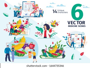 Healthy Nutrition and Dieting, Therapeutic Fasting for Weight Loss, Ration from Natural Food Trendy Flat Vector Scenes Set. Nutritionist, Fat People, Family Members Bowl with Fruits Illustrations