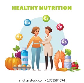 Healthy nutrition dietitian recommendation flat composition with body mass index control vegetables salmon eggs supplements vector illustration 