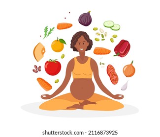 Healthy nutrition during pregnancy. Healthy food. Pregnant African American woman with sportswear does lotus position. Food for pregnant woman. Healthy food during pregnancy concept