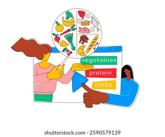 Healthy Nutrition Education: Food Groups and Balanced Diet Concept. Diet Planning and Macronutrient Breakdown: Vegetables, Protein, Carbs. Healthy Eating Guide: Categorizing Food for a Balanced Diet