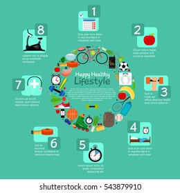 Healthy nutrition and fitness activity vector infographic in round frame form