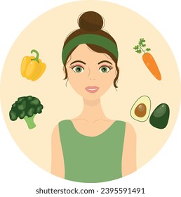 Healthy nutrition. Girl with vegetables, broccoli, avocado, carrot, yellow pepper. Vector illustration, flat style.