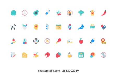 Healthy nutrition, gluten and sugar, GMO free and detox diet for health, weight control and calorie burning color icon set. Sleep and fitness, quality food planning flat elements vector illustration