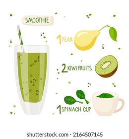 Healthy nutrition. Green kiwi, pear, spinach smoothie recipe. Glass with smoothie and ingredients with inscriptions. Flat cartoon vector illustration For cafe menu, store. Organic raw shake recipe