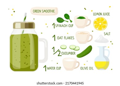 Healthy nutrition. Green smoothie recipe. Mason jar with green smoothie and ingredients with inscriptions. Flat cartoon vector illustration For cafe menu, store, banner, recipe. Organic shake recipe