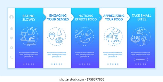 Healthy nutrition habits onboarding vector template. Eating slowly and noticing effects food. Responsive mobile website with icons. Webpage walkthrough step screens. RGB color concept